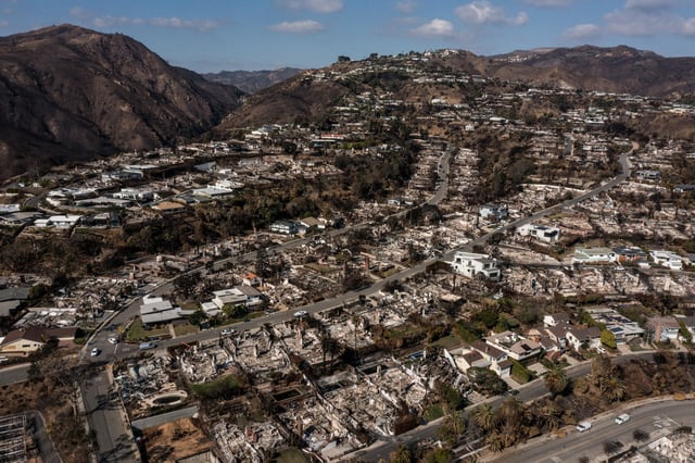 Homes damaged and destroyed by the Palisades Fire in the Pacific Palisades neighborhood of Los Angeles, on Jan. 29, 2025.