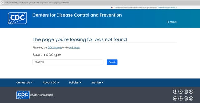 A screenshot of the webpage related to &#34;Health Disparities Among LGBTQ Youth,&#34; which now shows an error page on the CDC website.