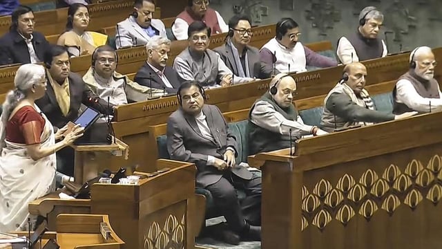 Union finance minister Nirmala Sitharaman presents the Union Budget 2025-26 in the Lok Sabha on Saturday. (Sansad TV)