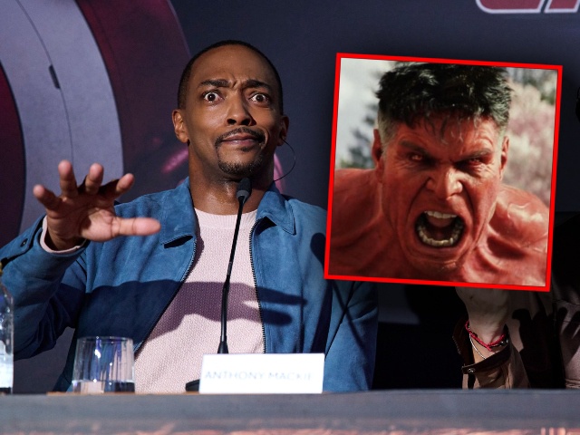 (INSET: "Red Hulk" in the likeness of Harrison Ford) Anthony Mackie (L) and Danny Ramírez (R) attend the press conference for "Capitán América: Brave New World" at Rosewood Villamagna Hotel on January 28, 2025 in Madrid, Spain. (Photo by Carlos Alvarez/Getty Images for Disney)