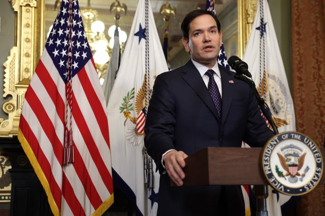 Newly confirmed U.S. Secretary of State Marco Rubio speaks during a swearing-in ceremony at the Vice President’s ceremonial office at Eisenhower Executive Office Building January 21, 2025 in Washington, DC.