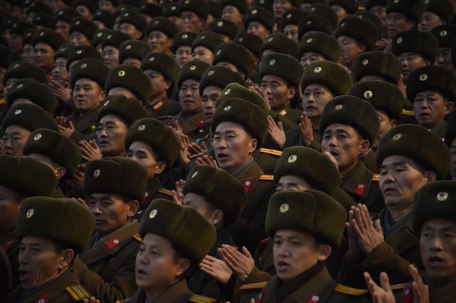 North Korean soldiers attend a mass rally to celebrate the North&#39;s declaration on November 29 it had achieved full nuclear statehood, on Kim Il-Sung Square in Pyongyang on December 1, 2017.