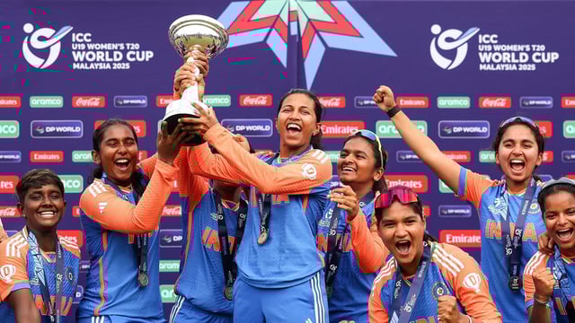 India Women players pose for a picture with the trophy after winning the Under 19 Women T20 World Cup 2025 by defeating South Africa
