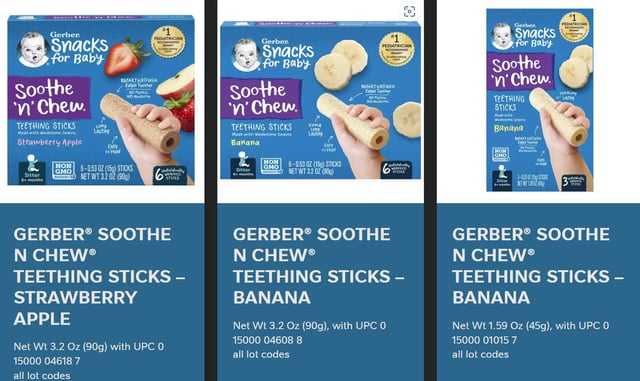 Gerber Products Company has initiated a recall and discontinuation of all batches of GERBER® SOOTHE N CHEW® TEETHING STICKS due to a potential choking hazard for babies and young children. (Credit: Nestle USA)