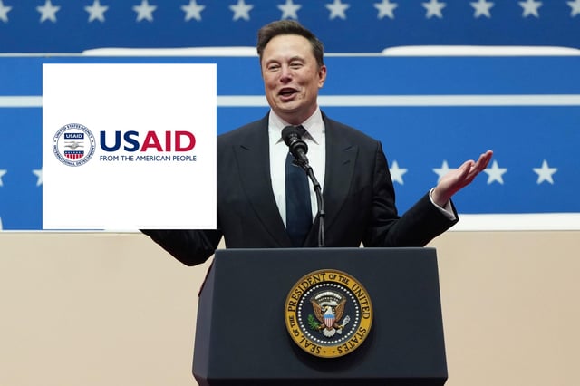(L): USAID Logo (R): Elon Musk speaks at an indoor Presidential Inauguration parade event in Washington, January 20, 2025.