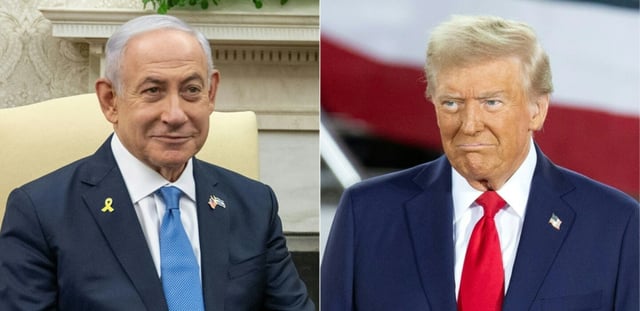 Le Premier ministre israélien Benjamin Netanyahu le 25 juillet 2024 à la Maison Blanche, à Washington, et le président américain Donald Trump le 4 novembre 2024 à Raleigh, en Caroline du Nord