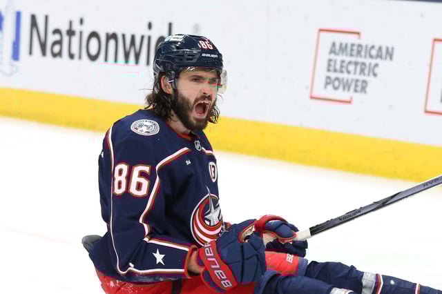 Jan 25, 2025; Columbus, Ohio, USA;  Columbus Blue Jackets right wing Kirill Marchenko (86) celebrates his game winning goal in overtime against the Los Angeles Kings at Nationwide Arena. Joseph Maiorana-Imagn Images/ File Photo