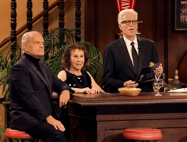 Kelsey Grammer, Rhea Perlman, and Ted Danson speak onstage during the 75th Primetime Emmy Awards at Peacock Theater on Jan. 15, 2024, in Los Angeles.