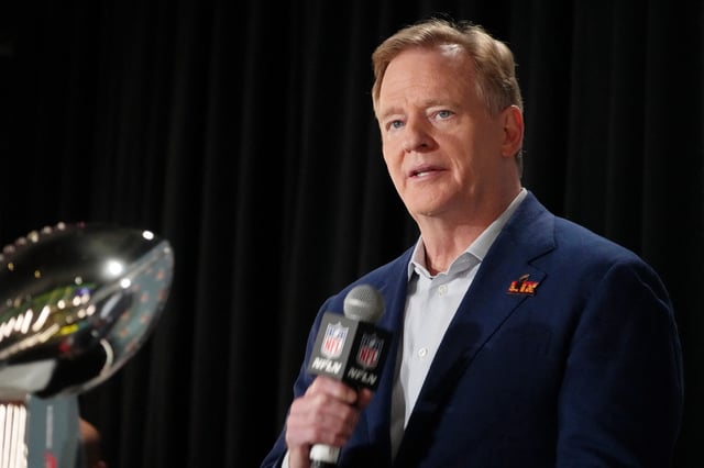 Feb 3, 2025; New Orleans, LA, USA; NFL commissioner Roger Goodell speaks during a press conference ahead of Super Bowl LIX at New Orleans Saints Locker Room. Mandatory Credit: Kirby Lee-Imagn Images