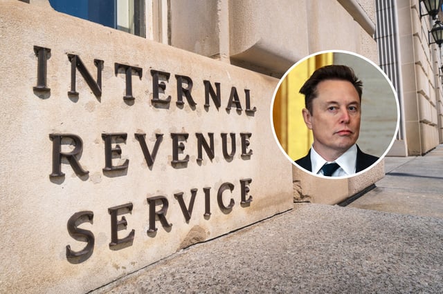 Stock image/file photo: A sign marks the entrance to the U.S. Internal Revenue Service (IRS) headquarters building on September 15, 2024, in Washington, DC. 
Inset: Elon Musk arrives for the inauguration of U.S. President-elect Donald Trump in the U.S. Capitol Rotunda on January 20, 2025 in Washington, DC.
