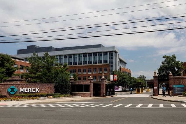 The Merck logo is seen at a gate to the Merck & Co campus in Rahway, New Jersey, U.S., July 12, 2018. REUTERS/Brendan McDermid/File Photo