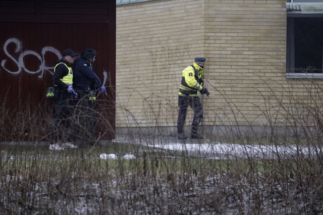Police at the scene of a shooting at a school in Örebro, central Sweden, on February 4. Authorities urged members of the public to stay away from the area on Tuesday.