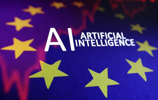 EU flag, stock graph and "AI ARTIFICIAL INTELLIGENCE" words are seen in this illustration taken, May 21, 2024. REUTERS/Dado Ruvic/Illustration/File Photo
