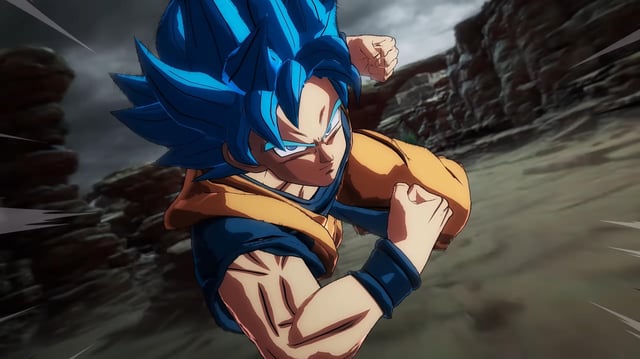 Goku in his Super Saiyan Blue form flying toward the camera in Dragon Ball Sparking! Zero.
