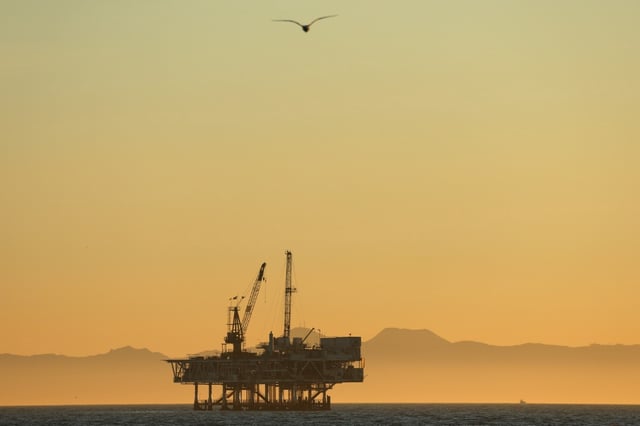 A gull flies with offshore oil and gas platform Esther in the distance on January 5, 2025 in Seal Beach, California; President Donald Trump is seeking to un-ban a prohibition on offshore oil drilling put in place by his predecessor Joe Biden