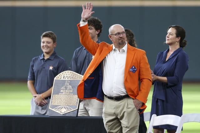 Aug 7, 2021; Houston, Texas, USA; Billy Wagner is inducted in the 2021 Houston Astros Hall of Fame before a game between the Houston Astros and the Minnesota Twins at Minute Maid Park. Mandatory Credit: Thomas Shea-USA TODAY Sports/File Photo