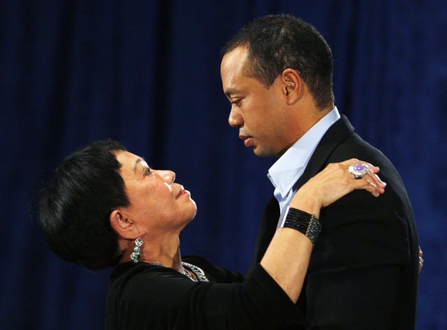 Golfer Tiger Woods hugs his mother Kultida Woods after making a statement from the Sunset Room on the second floor of the TPC Sawgrass, home of the PGA Tour on February 19, 2010 in Ponte Vedra Beach, Florida. Woods publicly admitted to cheating on his wife Elin Nordegren but maintained that the issues remain &#34;a matter between a husband and a wife.&#34;