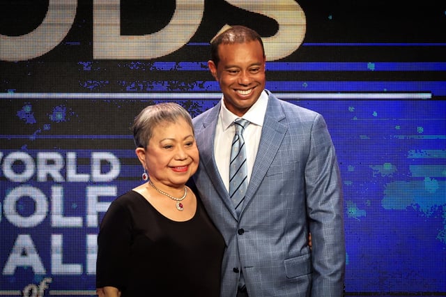 Tiger Woods and his mother Kultida Woods at the 2022 World Golf Hall of Fame Induction at the PGA TOUR Global Home on March 9, 2022 in Ponte Vedra Beach, Fla.