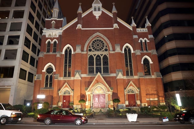 Exterior view of The Metropolitan African Methodist Episcopal Church in Washington, D.C., currently under police watch after the Historic Black Church filed a lawsuit against the Proud Boys after burning the church's Black Lives Matter banner in a December riot. January 4, 2021.