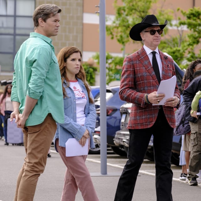 (From left) Andrew Rannells, Anna Kendrick and director Paul Feig on the set of 'Another Simple Favor.'