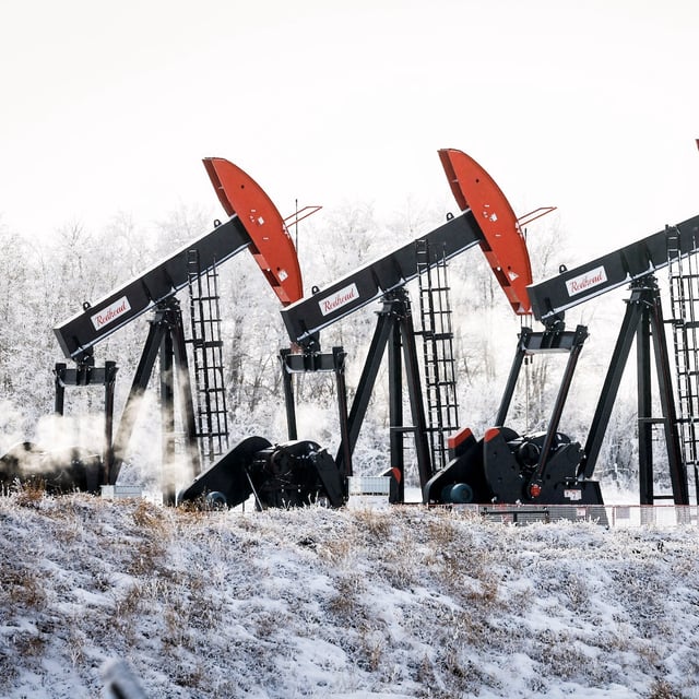 Pumpjacks draw out oil and gas on a frosty -25C day from wells head near Carstairs, Alta., Monday, Feb. 3, 2025. Canada has the third largest oil reserves in the world and is the world's fourth largest oil producer. THE CANADIAN PRESS/Jeff McIntosh
