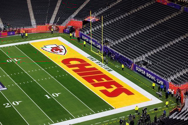 A close up view of the Kansas City Chiefs end zone before the NFL Super Bowl LVIII football game between the Kansas City Chiefs and San Francisco 49ers at Allegiant Stadium on February 11, 2024, in Las Vegas.