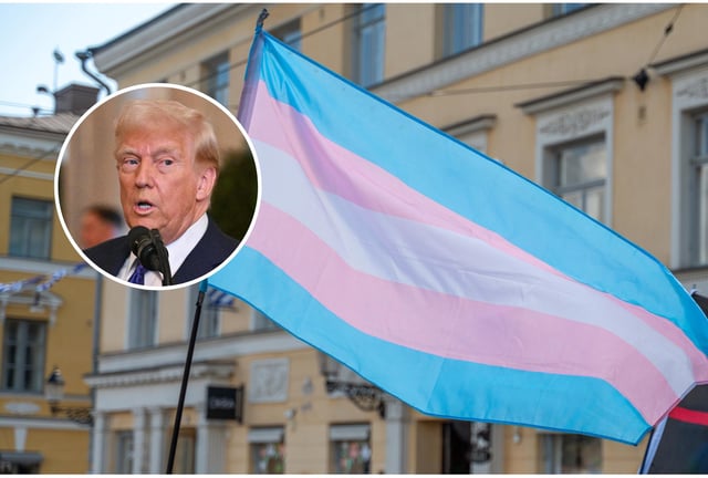 Big transgender flag waving over crowd during Pride event in June. US President Donald Trump speaks before signing the Laken Riley Act in the East Room of the White House in Washington, DC, January 29, 2025.