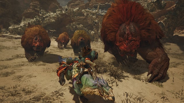 A lizard-riding hunter being chased by angry monsters in Monster Hunter Wilds.