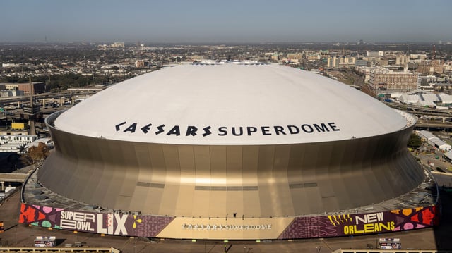 A general overall exterior view of Caesars Superdome ahead of the NFL Super Bowl 59 football game between the Philadelphia Eagles and the Kansas City Chiefs on February 03, 2025 in New Orleans, Louisiana.