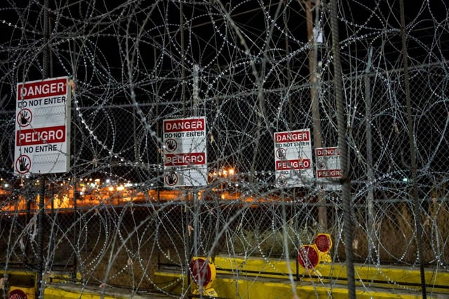 Concertina wire is seen near Presidio, Texas. The town shares a border with the Mexican town of Ojinaga. A memo sent to border patrols says &#34;Mexican cartel leaders have authorized the deployment of drones equipped with explosives to be used against US Border Patrol agents and US military (personnel) currently working along the border with Mexico.&#34; (Photo by Paul Ratje / AFP) (Photo by PAUL RATJE/AFP via Getty Images)