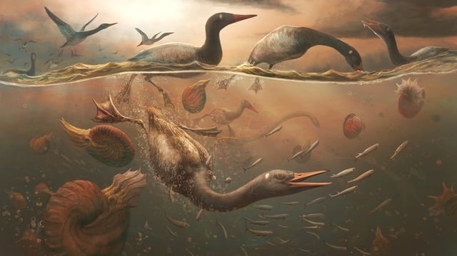 The Late Cretaceous modern bird, Vegavis iaai, diving for fish in the shallow ocean off the coast of the Antarctic peninsula, with ammonites and plesiosaurs for company.