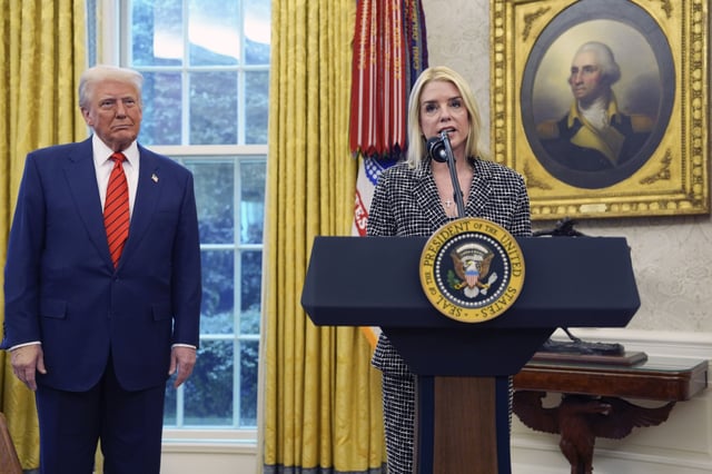 Attorney General Pam Bondi speaks after being sworn in by Supreme Court Associate Justice Clarence Thomas, in the Oval Office of the White House, Wednesday, Feb. 5, 2025, in Washington, as President Donald Trump looks on. (AP Photo/Evan Vucci)