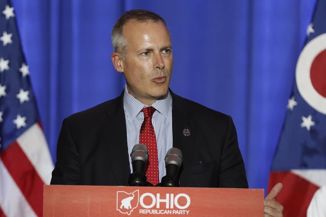 FILE - Republican Ohio treasurer Robert Sprague speaks during an election night watch party Tuesday, Nov. 8, 2022, in Columbus, Ohio. (AP Photo/Jay LaPrete)