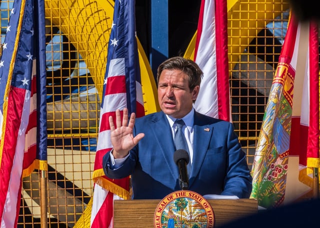 Florida Governor Ron DeSantis announces new lower insurance rates coming for Florida residents during a press conference at the Florida International University - Wall of Wind, on Wednesday Feb. 5, 2025. (Pedro Portal/Miami Herald)