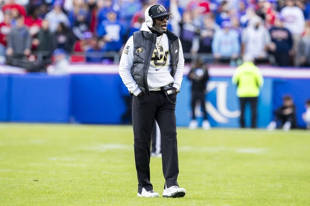 Nov 23, 2024; Kansas City, Missouri, USA;  Colorado head coach Deion Sanders paces the field during the 2nd quarter between the Kansas Jayhawks and the Colorado Buffaloes at GEHA Field at Arrowhead Stadium. Mandatory Credit: Nick Tre. Smith-Imagn Images/File Photo