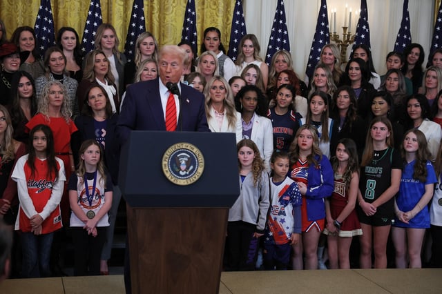 U.S. President Donald Trump speaks at an event, where he will sign an executive order banning transgender girls and women from participating in women's sports, in the East Room at the White House in Washington, U.S., February 5, 2025. REUTERS/Leah Millis