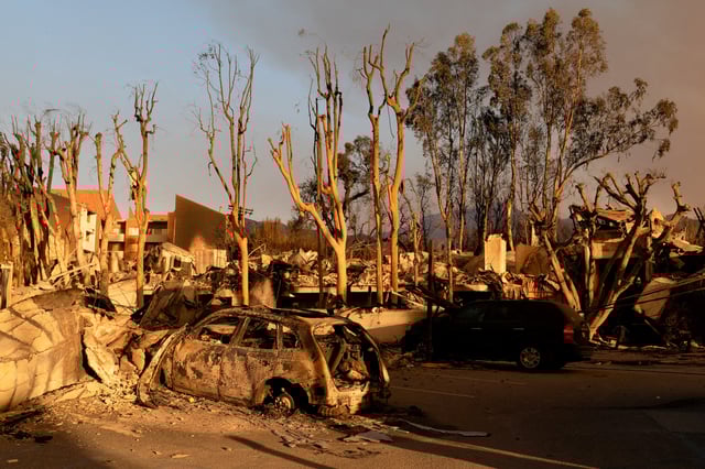 A view shows the remains of vehicles and businesses burned in the Palisades Fire in the Pacific Palisades neighborhood in Los Angeles, California, U.S. January 11, 2025. REUTERS/David Ryder//File Photo