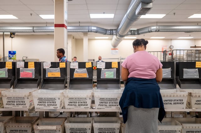 A Service Center employee sorts and processes mail at the IRS Processing Facility on September 06, 2024 in Austin, Texas.