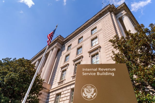 WASHINGTON, DC - SEPTEMBER 15: A sign marks the entrance to the U.S. Internal Revenue Service (IRS) headquarters building on September 15, 2024, in Washington, DC.