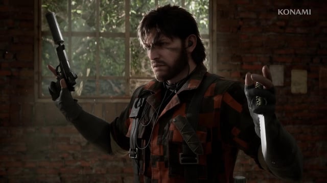 Naked Snake holding a pistol and a knife in Metal Gear Solid Delta: Snake Eater.