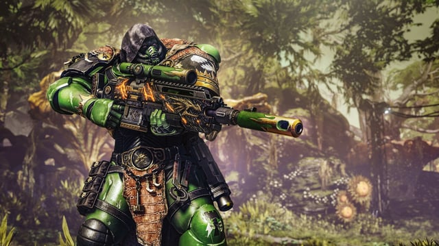 A heavily armored Space Marine sniper on a jungle world.