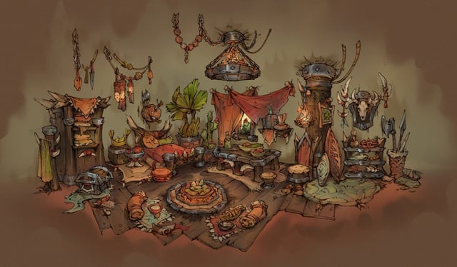 A piece of concept art showing furniture and decorations for a World of Warcraft house.
