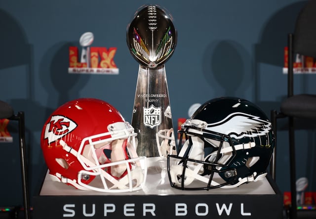 A Kansas City Chiefs helmet, the Vince Lombardi Trophy and a Philadelphia Eagles helmet are seen before the NFL Commissioner Roger Goodell&#39;s Super Bowl Press Conference ahead of Super Bowl LIX at Caesars Superdome on February 03, 2025 in New Orleans, Louisiana.