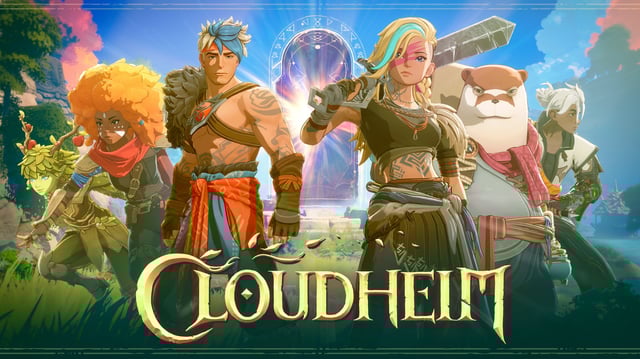 Cloudheim key art shows five warriors against a colorful landscape and a portal with glowing light.