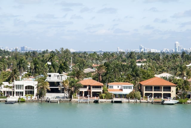 The view of residential Palm Island and Miami Beach skyline, Florida.