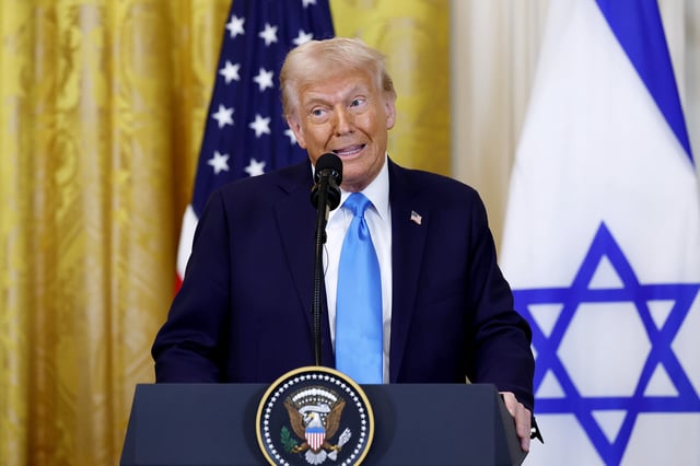 President Donald Trump speaks during a joint press conference with visiting Israeli Prime Minister Benjamin Netanyahu in the East Room of the White House on February 04, 2025 in Washington, DC.