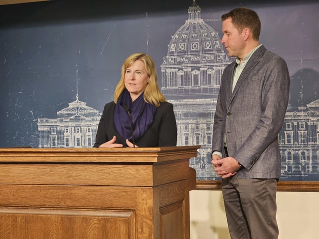 Minnesota House Democratic leaders Melissa Hortman and Jamie Long speak at a news conference on Monday, Jan. 13, 2025, at the State Capitol in St. Paul, one day before the 2025 legislative session is due to convene. (AP Photo/Steve Karnowski)