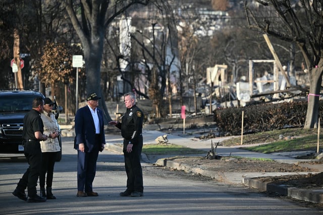President Donald Trump and First Lady Melania Trump tour the fire-ravaged Pacific Palisades neighborhood of Los Angeles on Jan. 24. The president and fellow Republicans have blamed California policies for worsening the disaster.