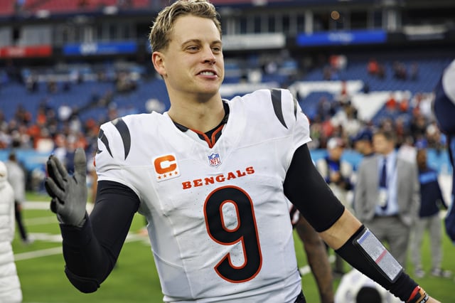 NASHVILLE, TENNESSEE - DECEMBER 15: Joe Burrow #9 of the Cincinnati Bengals on the field after a game against the Tennessee Titans at Nissan Stadium on December 15, 2024 in Nashville, Tennessee. The Bengals defeated the Titans 37-27.