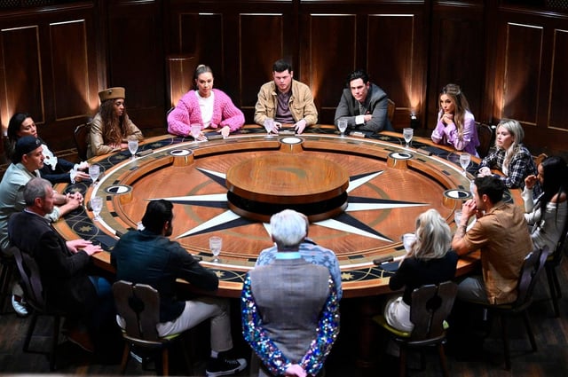 Alan Cumming, Sam Asghari, Lord Ivar Mountbatten, Rob Mariano, Dolores Catania, Danielle Reyes, Gabby Windey, Derrick Levasseur, Tom Sandoval, Chrishell Stause, Britney Haynes, Ciara Miller, Dylan Efron, Carolyn Wiger in Season 3 of "The Traitors.